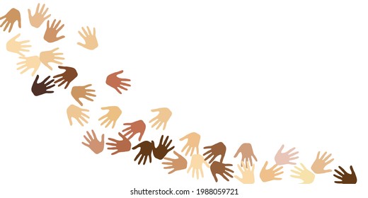 Male and female hands of various skin tone vector illustration. Crowd concept. Multinational company palm signs isolated. Skin color identity background.
