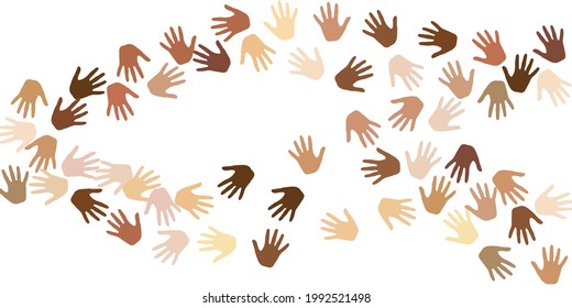 Male and female hands of various skin tone silhouettes. Solidarity concept. Multinational culture palm signs design. Skin color diversity backdrop.