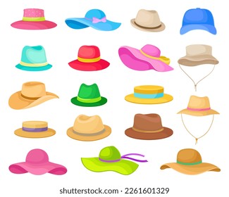 Colección de sombreros masculinos y femeninos. Vector de dibujos animados de casco de estilo retro