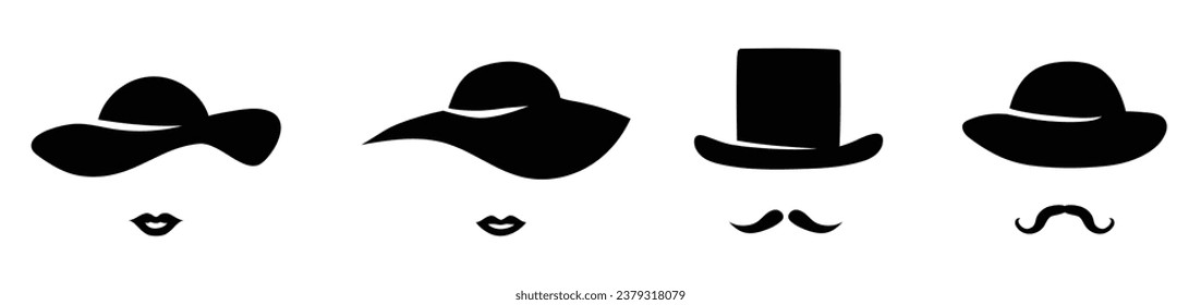 Male and female hats with lips and mustaches template. Retro black gentleman and lady character with vintage style for masquerade and designer vector avatar