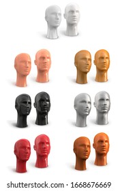 Male and female head of a human mannequin in white, black, red, beige, gold, silver, bronze colors. Part of the body. Vector 3d illustration isolated on white background.