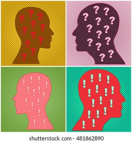 Male and female head in profile. Halftone background. Icon set. Vector illustration.