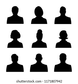 Male and female head silhouettes avatar, profile icons. business profile avatar, black color, isolated on white background