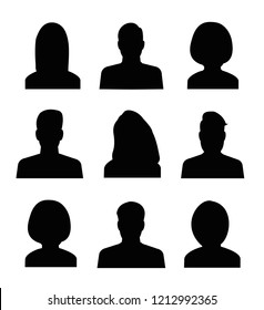 Male and female head silhouettes avatar, profile icons. business profile avatar, black color, isolated on white background