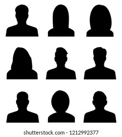 Male and female head silhouettes avatar, profile icons. business profile avatar, black color, isolated on white background