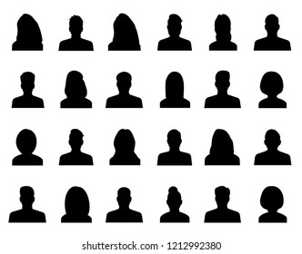 Male and female head silhouettes avatar, profile icons. business profile avatar, black color, isolated on white background