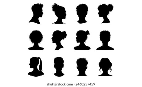 Male and female head silhouettes avatar set. Vector illustration black person portrait head. Anonymous face profile and group icon. Human diversity photo