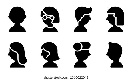 Male and female head silhouettes avatar set. Vector illustration black person portrait head. Anonymous face profile and group icon isolated on white background