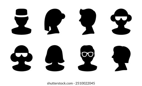 Male and female head silhouettes avatar set. Vector illustration black person portrait head. Anonymous face profile and group icon isolated on white background