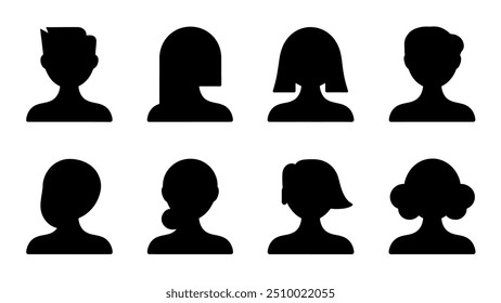Masculino e feminino cabeça silhuetas avatar set. Ilustração vetorial cabeça de retrato de pessoa negra. Perfil de rosto anônimo e ícone de grupo isolado no fundo branco