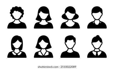 Male and female head silhouettes avatar set. Vector illustration black person portrait head. Anonymous face profile and group icon isolated on white background