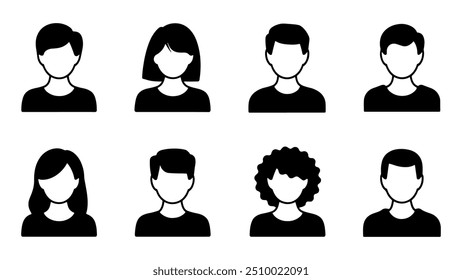Male and female head silhouettes avatar set. Vector illustration black person portrait head. Anonymous face profile and group icon isolated on white background