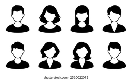 Male and female head silhouettes avatar set. Vector illustration black person portrait head. Anonymous face profile and group icon isolated on white background