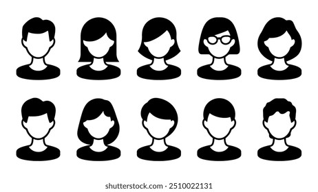Male and female head silhouettes avatar set. Vector illustration black person portrait head. Anonymous face profile and group icon isolated on white background
