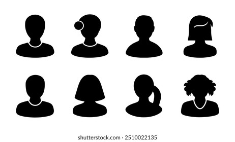 Masculino e feminino cabeça silhuetas avatar set. Ilustração vetorial cabeça de retrato de pessoa negra. Perfil de rosto anônimo e ícone de grupo isolado no fundo branco