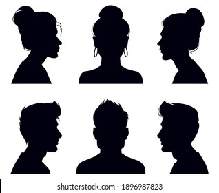 Male and female head silhouettes. People profile and full face portraits, anonymous shadow portraits vector illustration set. Adult people face silhouettes. Man and woman head from different sides