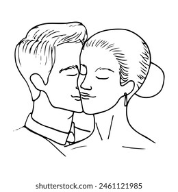 male and female heads with closed eyes pressed against each other. contour wedding illustration of a happy and loving bride and groom