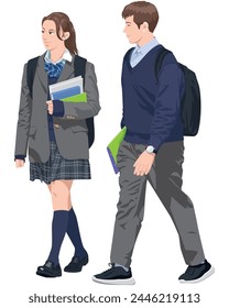 Male and female high school students walking side by side in uniforms