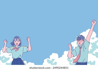 Male and female high school students smiling and pumping their fists