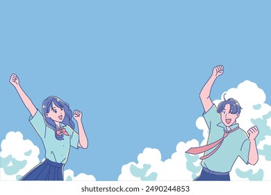 Male and female high school students smiling and pumping their fists