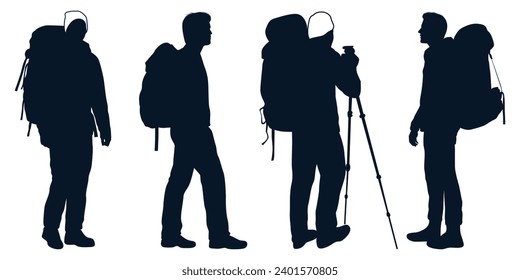 Male and female hiker or Hiking in mountains silhouettes vector