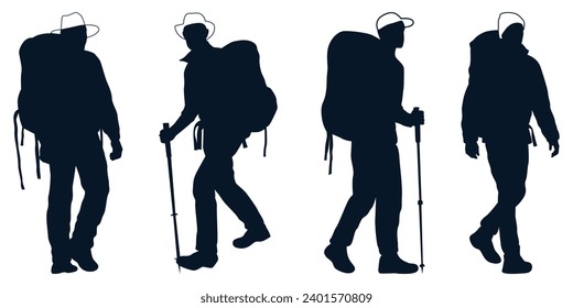 Male and female hiker or Hiking in mountains silhouettes vector
