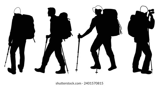 Male and female hiker or Hiking in mountains silhouettes vector