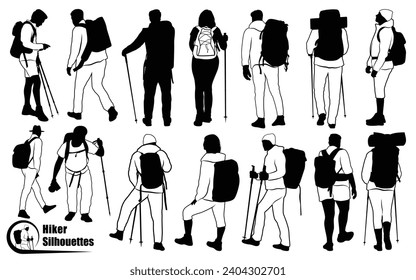 Male and female hiker or Hiking in mountains silhouettes vector