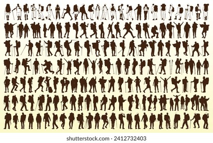 Male and female hiker or Hiking in mountains silhouettes vector