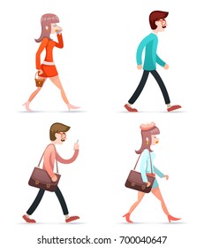 Male Female Hipster Geek Girl Man Vintage Woman Character Walk Mobile Phone Bag Case Icons Set Isolated Retro Cartoon Design Vector Illustration