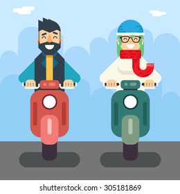 Male Female Hipster Happy Smiling Character Retro Scooter Lifestyle Icon Ride Driving Symbol Flat Element Vector Illustration