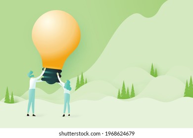 Male and female holding big light bulb.Green nature forest and mountains landscape scenery banner background.Website Landing page.Paper art vector illustration