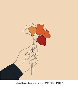 male or female holding a colorful flower autumn t in the hands , one line art illustration, continues line art, aesthetic background, social media post, aesthetic design, boho