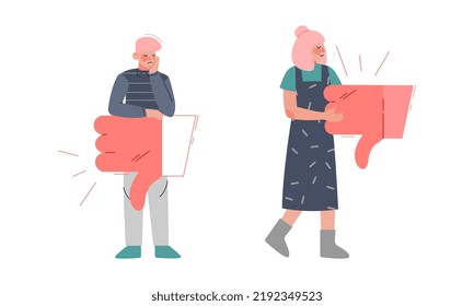 Male and Female Holding Thumb Down Sign as Notification of Disapproval Vector Set