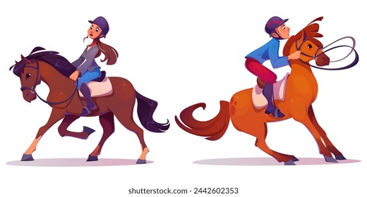 Male and female horse rider in helmet and uniforms. Cartoon vector illustration of equestrian school and racehorse sport set with man and woman jockey in equipment ride on animal in saddle with bridle