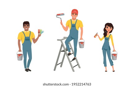 Male and Female House Painter in Overall Standing with Roller and Bucket Vector Set