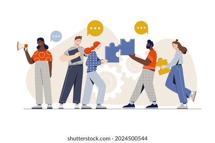 Male And Female HR Emplyees Are Working Together As A Team On White Background. Concept Of Labor Assessment With Company Satisfaction In Workplace. Flat Cartoon Vector Illustration