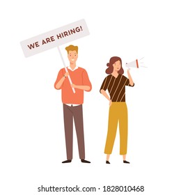 Male And Female HR Managers Announce Vacancy, Carry Placard With Inscription We Are Hiring And Talk To Megaphone Vector Flat Illustration. Head Hunting, Recruitment Or Searching Employee Isolated