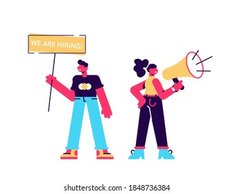 Male and female HR managers announce vacancy, carry placard with inscription we are hiring and talk to megaphone vector flat illustration. Head hunting, recruitment or searching employee isolated