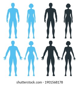 Male And Female Human Character, People Man Woman Front And View Side Body Silhouette, Isolated On White, Flat Vector Illustration. Black And Blue Mannequin People Scale Concept.