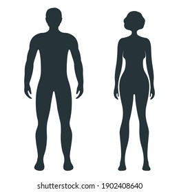 Male and female human character, people man woman front and view side body silhouette, isolated on white, flat vector illustration. Black mannequin people scale concept.
