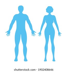 Male And Female Human Character, People Man Woman Front And View Side Body Silhouette, Isolated On White, Flat Vector Illustration. Blue Mannequin People Scale Concept.