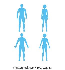 Male and female human character, people man woman front and view side body silhouette, isolated on white, flat vector illustration. Blue mannequin people scale concept.