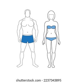 Männlicher und weiblicher menschlicher Charakter. Menschen Mann Frau vor der Tür. Körpersilhouetten einzeln. Gentleman und Lady in blauen Badeanzügen. Design-Elemente für Gesundheitswesen, medizinische Infografiken und Mode.