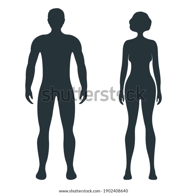 Male and female human\
character, people man woman front and view side body silhouette,\
isolated on white, flat vector illustration. Black mannequin people\
scale concept.