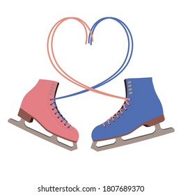 Botas de patinaje sobre hielo macho y hembra, con el corazón de los cabos. Hobby, recreación, unión, entretenimiento familiar. Fecha en San Valentín en pista. Ilustración vectorial aislada en blanco