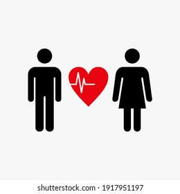 male and female icon with heart beat vector illustration, heart shape between man and woman.