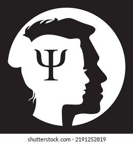 icono masculino y femenino con signo psi en la cabeza. símbolo de psicología en blanco y negro