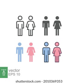 male and female icon, toilet, woman, people logo, different style. Bathroom and restroom sign. Symbols of man and women. Partner gender logo. Vector illustration design on white background. EPS 10