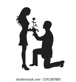 Male And Female Icons. Silhouette Of Man Kneeling In Front Of Woman And Giving Flowers. Vector Illustration